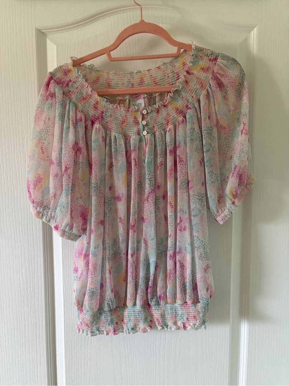 Y2K Smocked Sheer Floral Peasant Top - Pastel Multi
